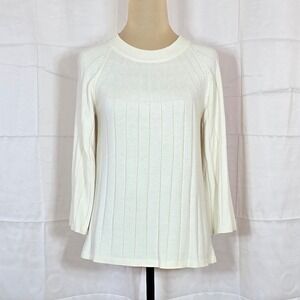 LOFT Womens Cream Ribbed Knit 3/4 Sleeve Crew Neck Sweater Small 443105